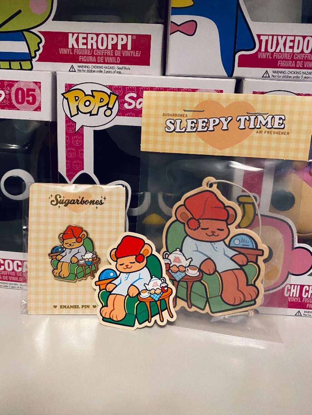 Sugarbones December 2023 Patreon Sleepytime Bear pin sticker air freshener set